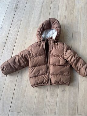 H&M Kids Brown Puffer Jacket with Faux Fur-Lined Hood